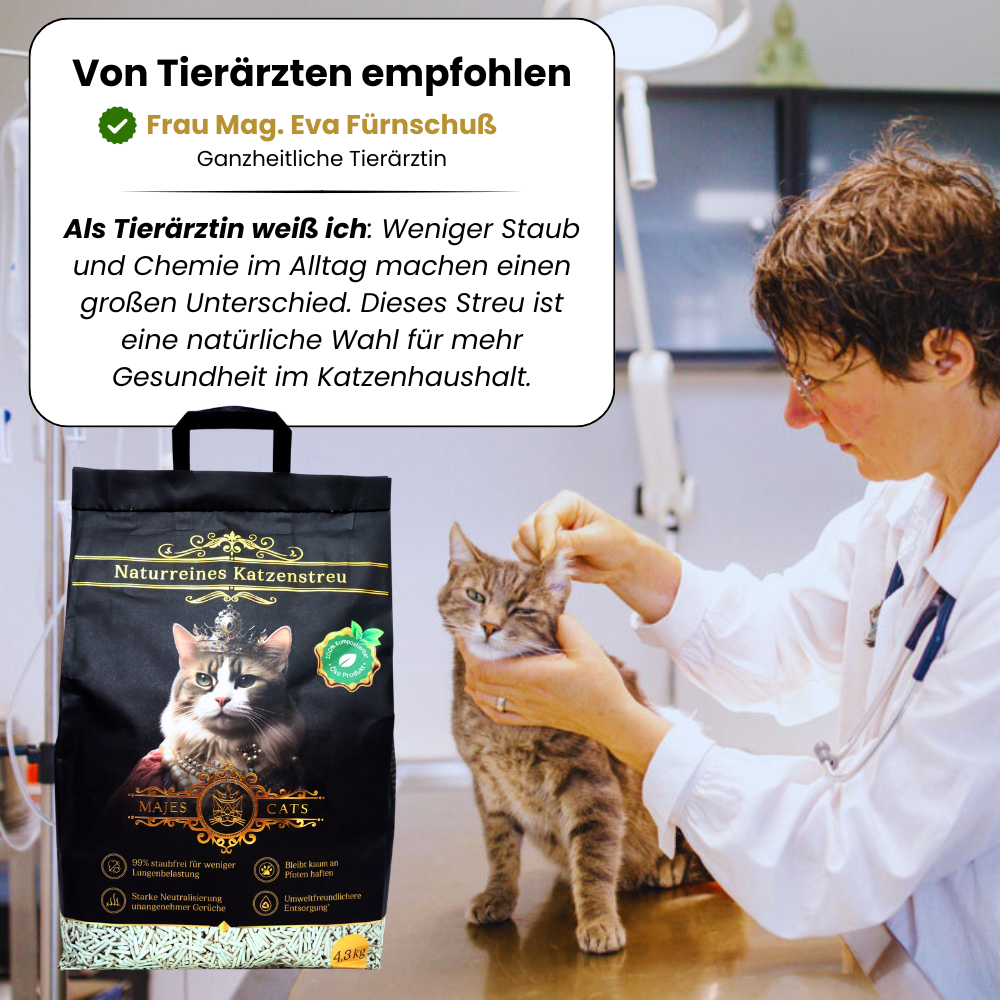 Tierärztlich geprüftes und empfohlenes Katzenstreu aus Erbsenfasern.