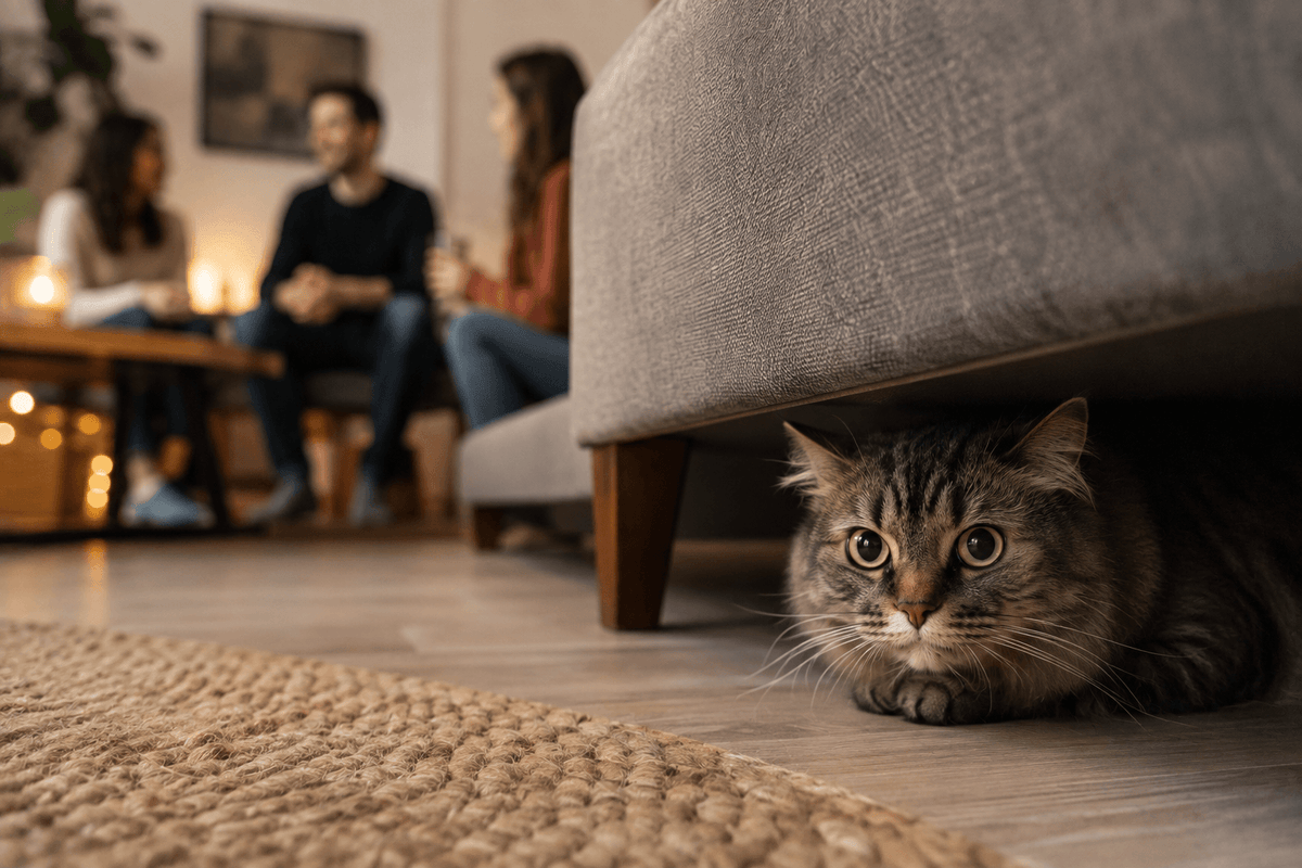 Katze versteckt sich unter sofa