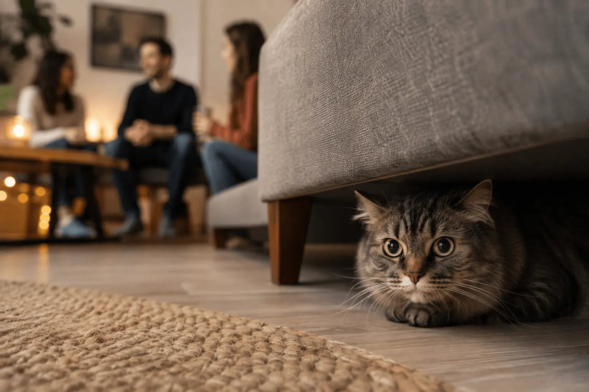 Katze versteckt sich unter sofa