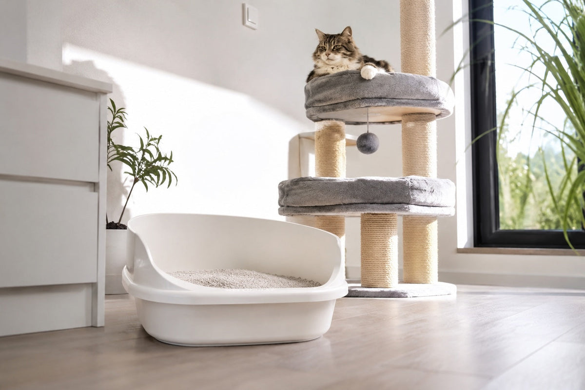 Katze sitzt auf Kratzbaum neben Katzenklo