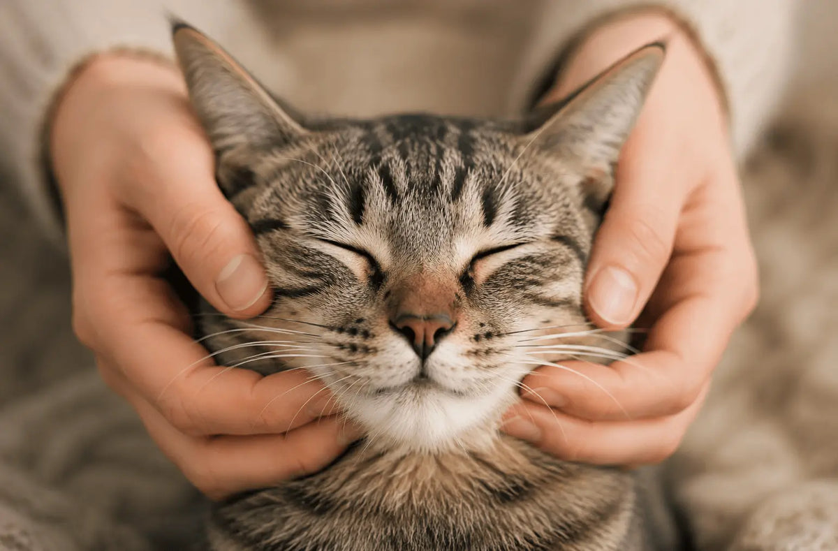 Katze liegt in Händen von Herrchen