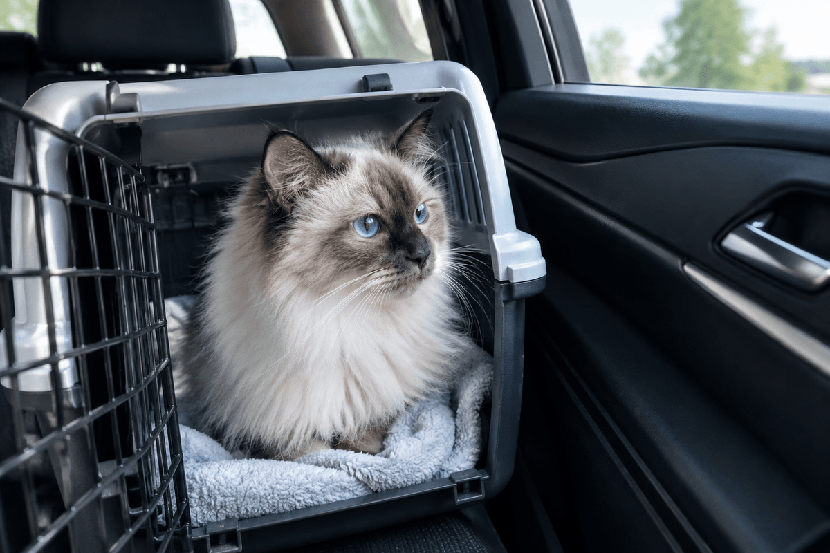 Katze sitzt in Transportboc im Auto