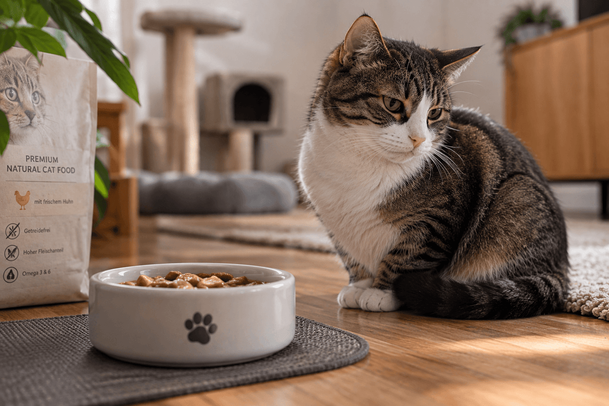 Katze sitzt vor dem Katzenfutter und schaut weg