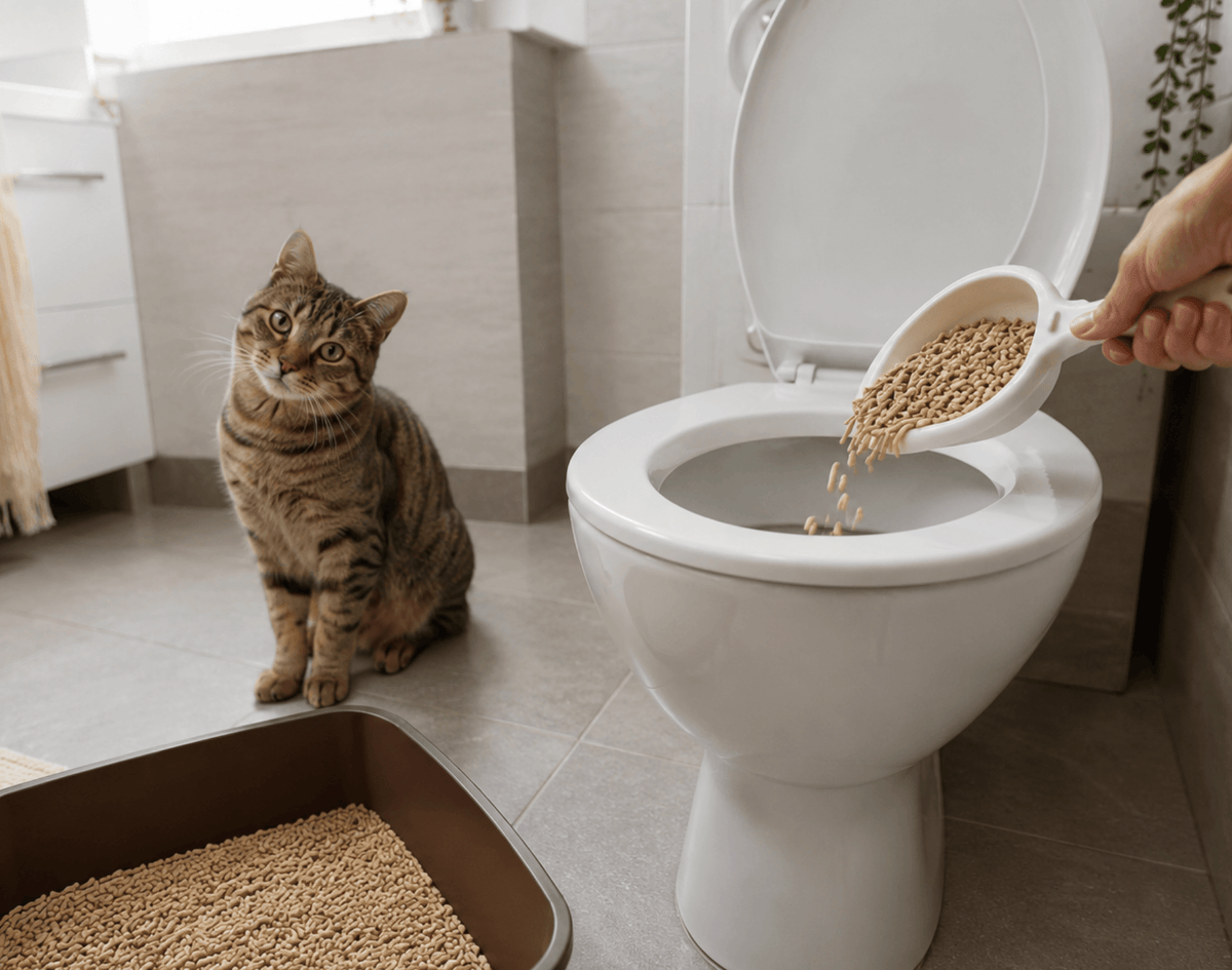 Katze sitzt neben der toilette