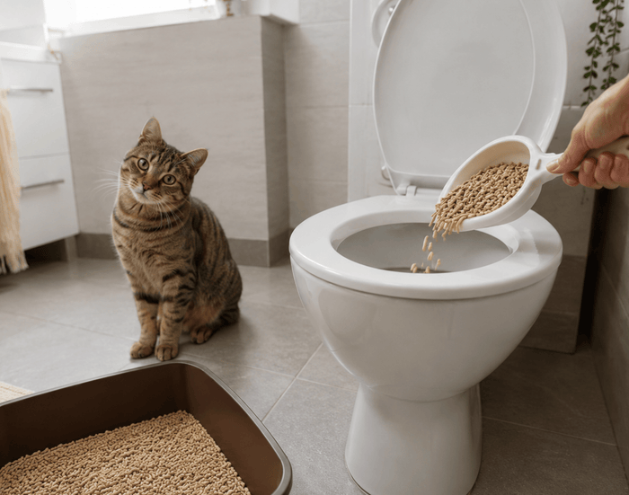 Katze sitzt neben der toilette