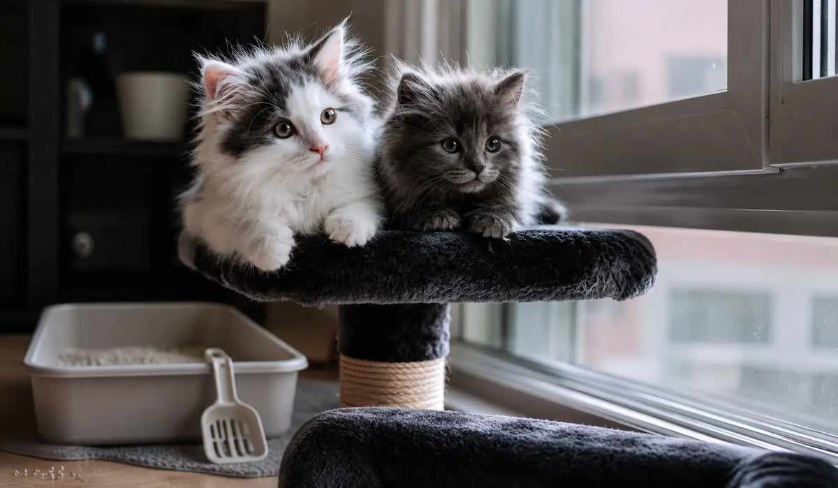 Zwei Katzen sitzen auf Kratzbaum