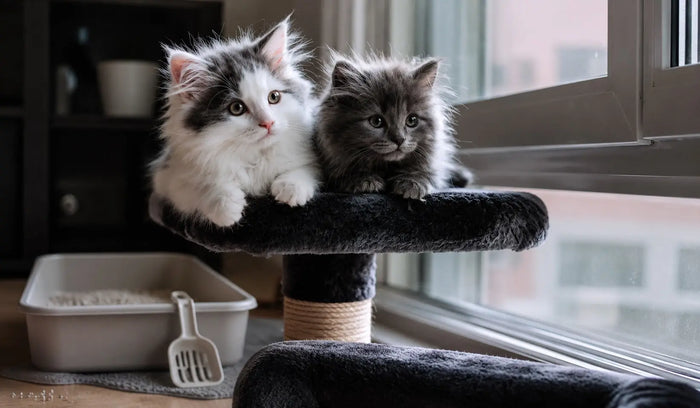 Zwei Katzen sitzen auf Kratzbaum