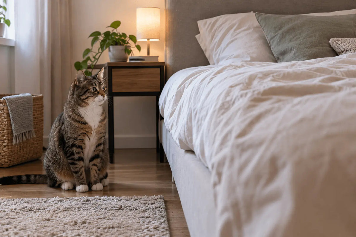 Katze schaut aufs bett und sitzt daneben