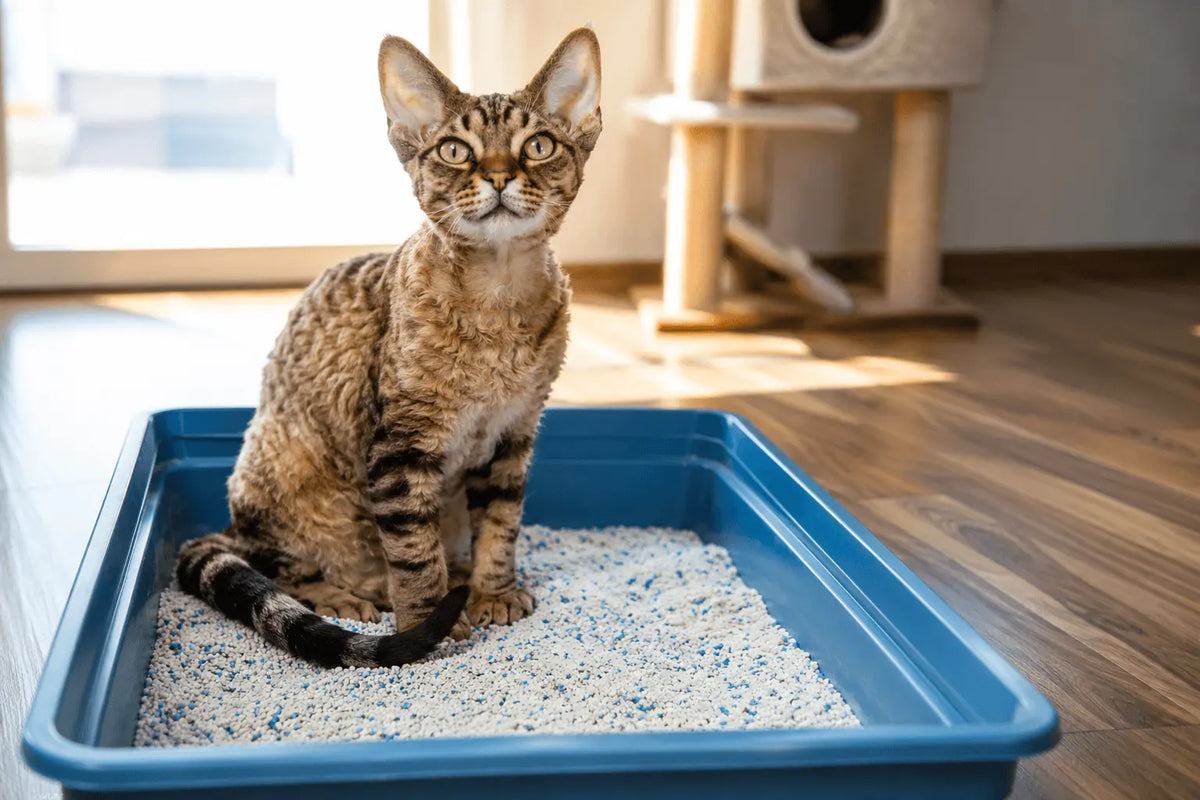 Katze sitzt im Klo und schaut