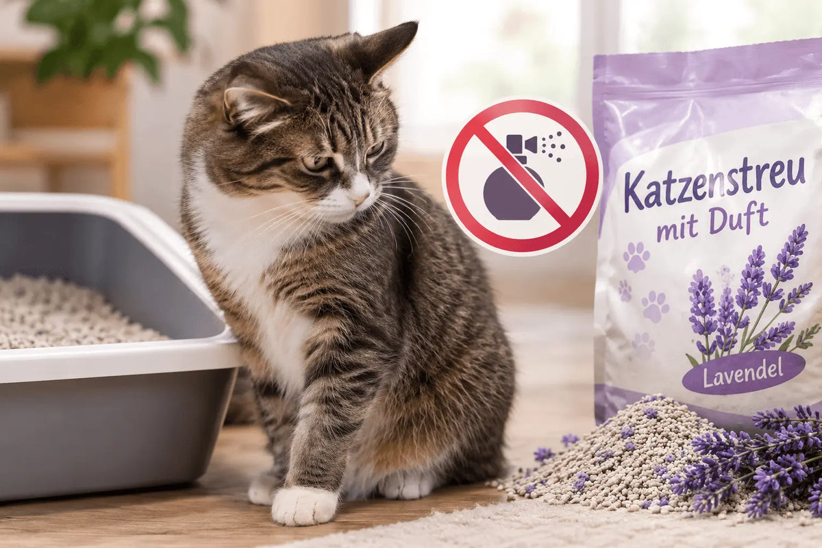 Katze sitzt neben dem Katzenstreu