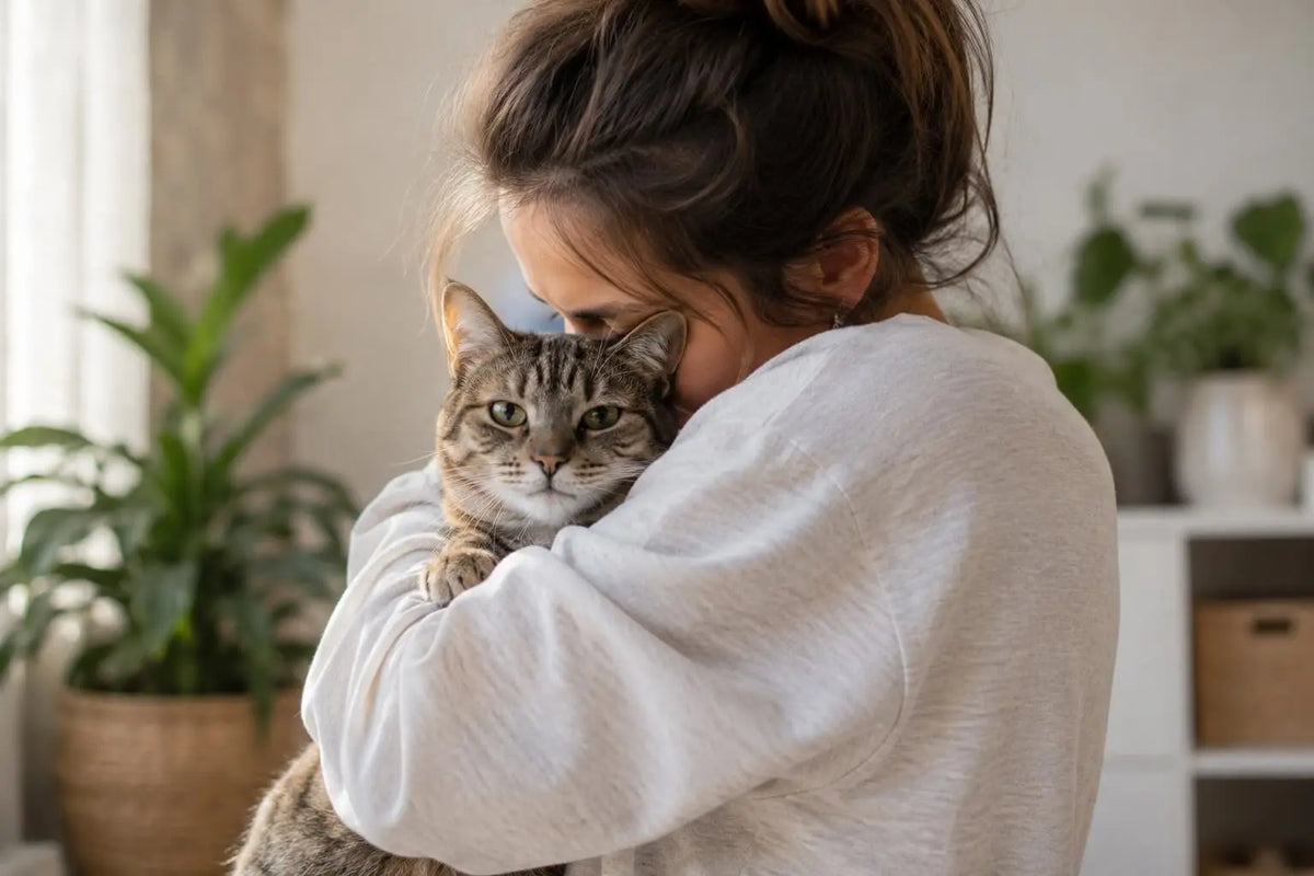 Frau hält Katze im Arm