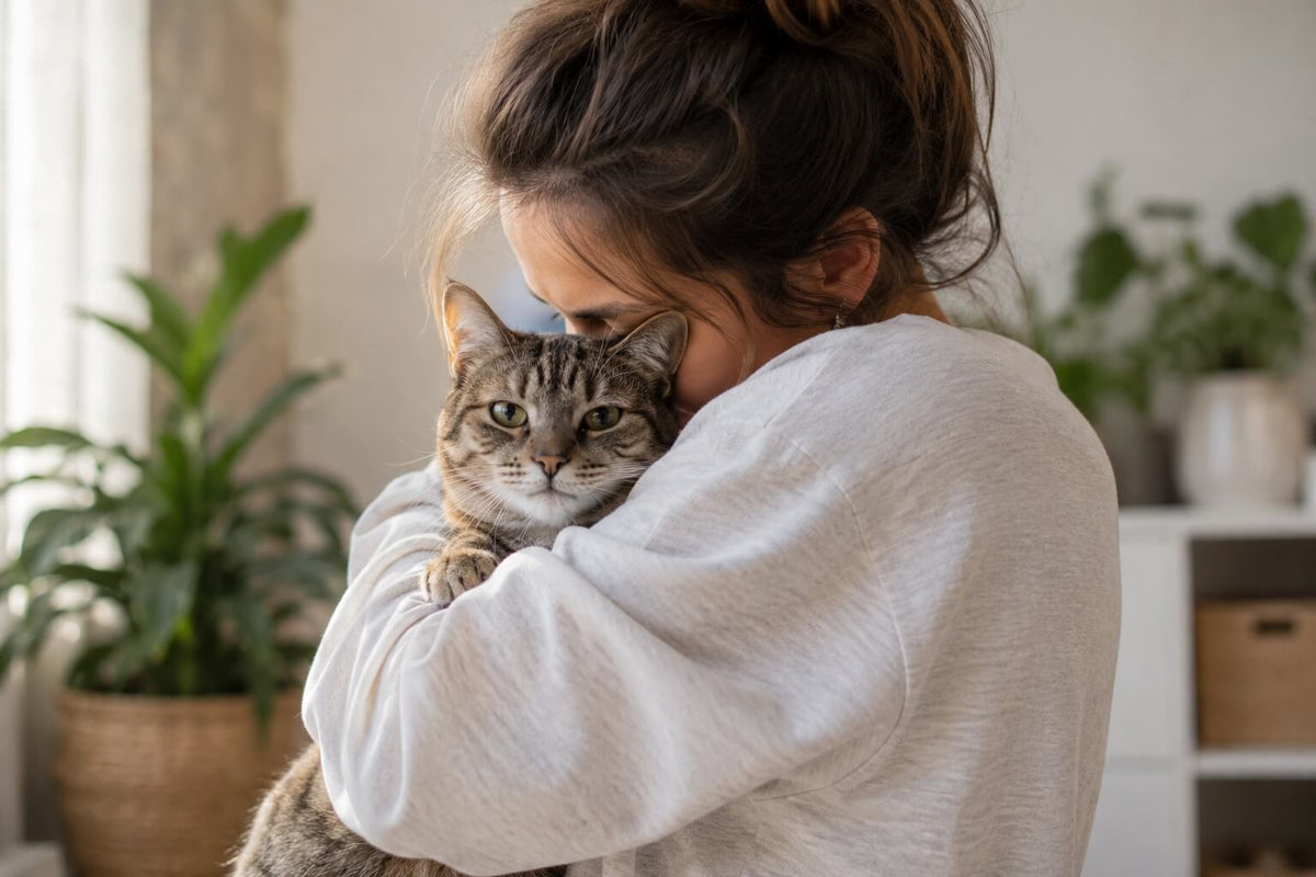 Frau hält Katze im Arm