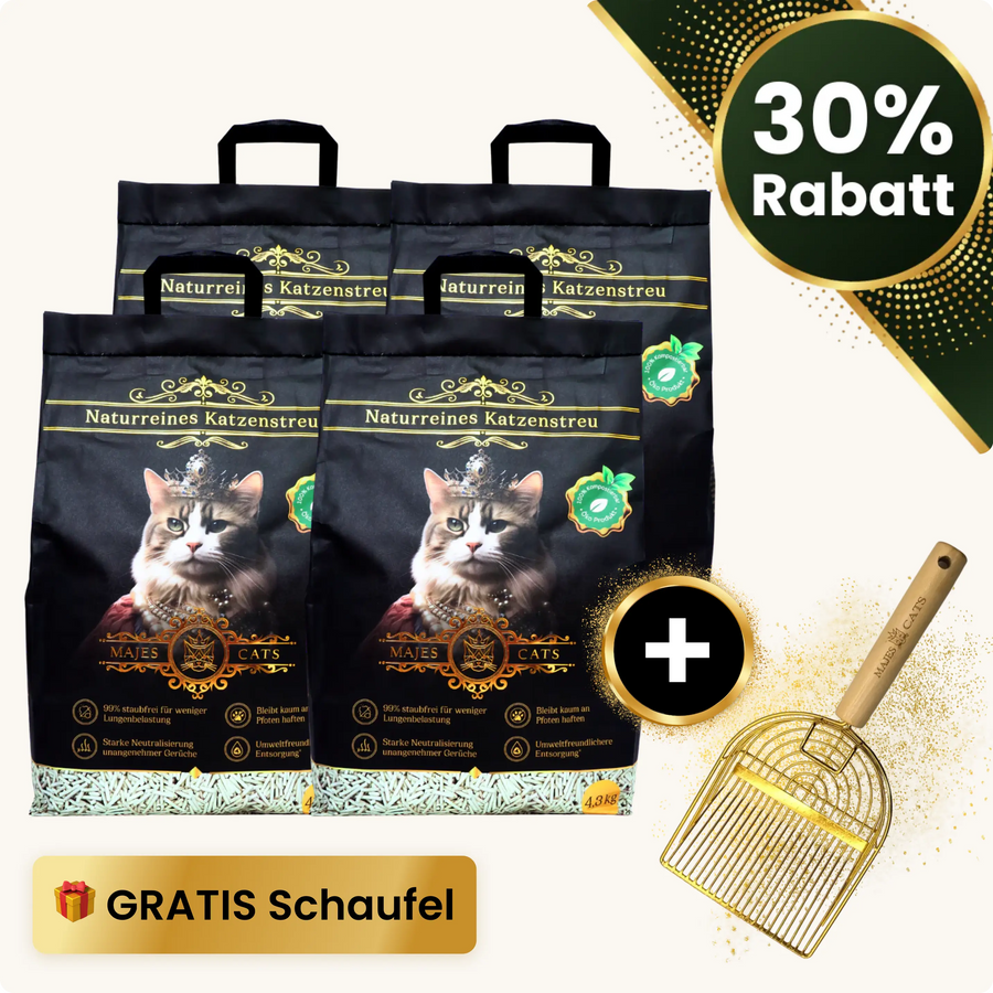 Vier Säcke Majescats Katzenstreu und eine goldene Schaufel, 30 % Rabatt