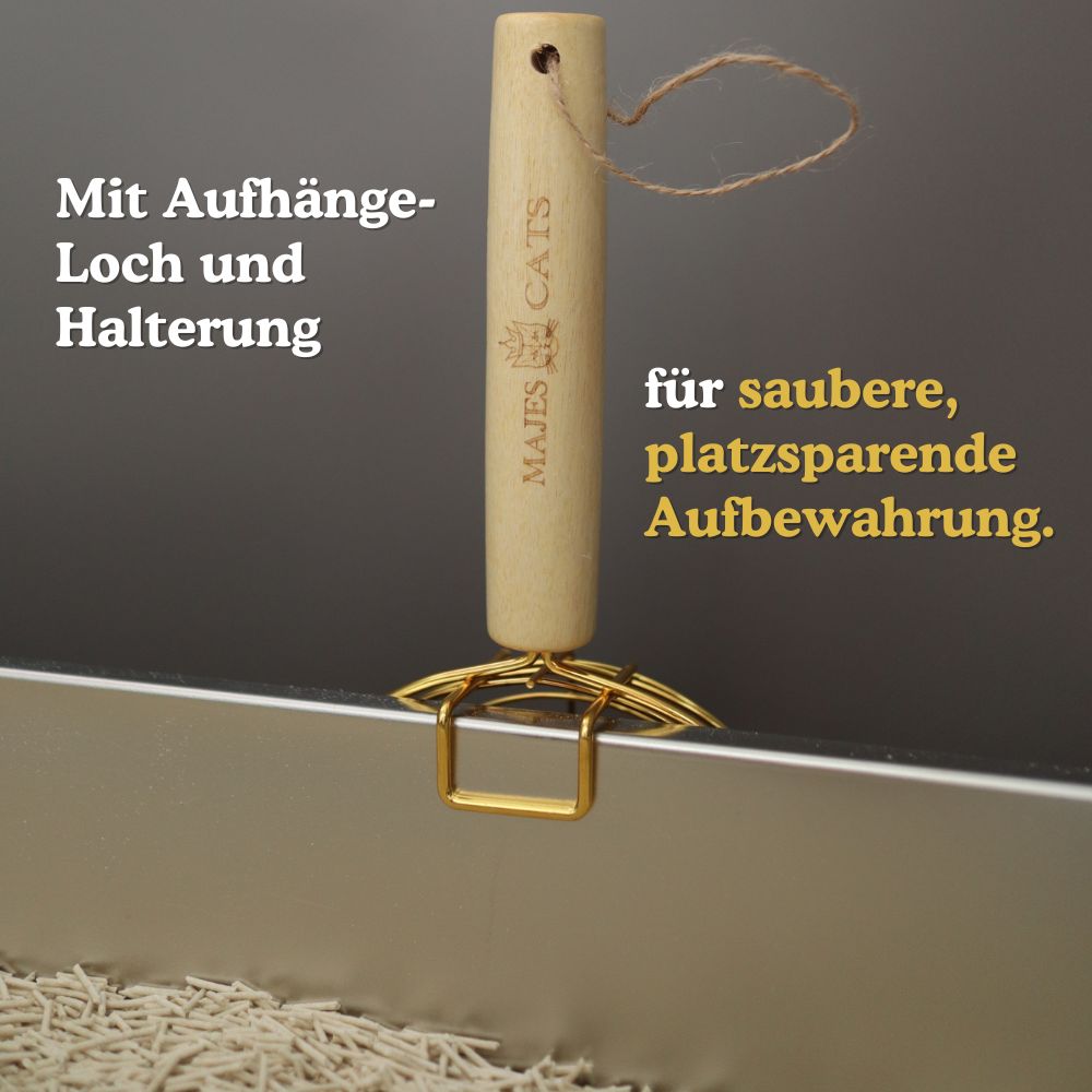 Katzenklo Schaufel mit Aufhängeloch und Halterung für saubere, platzsparende Aufbewahrung. 