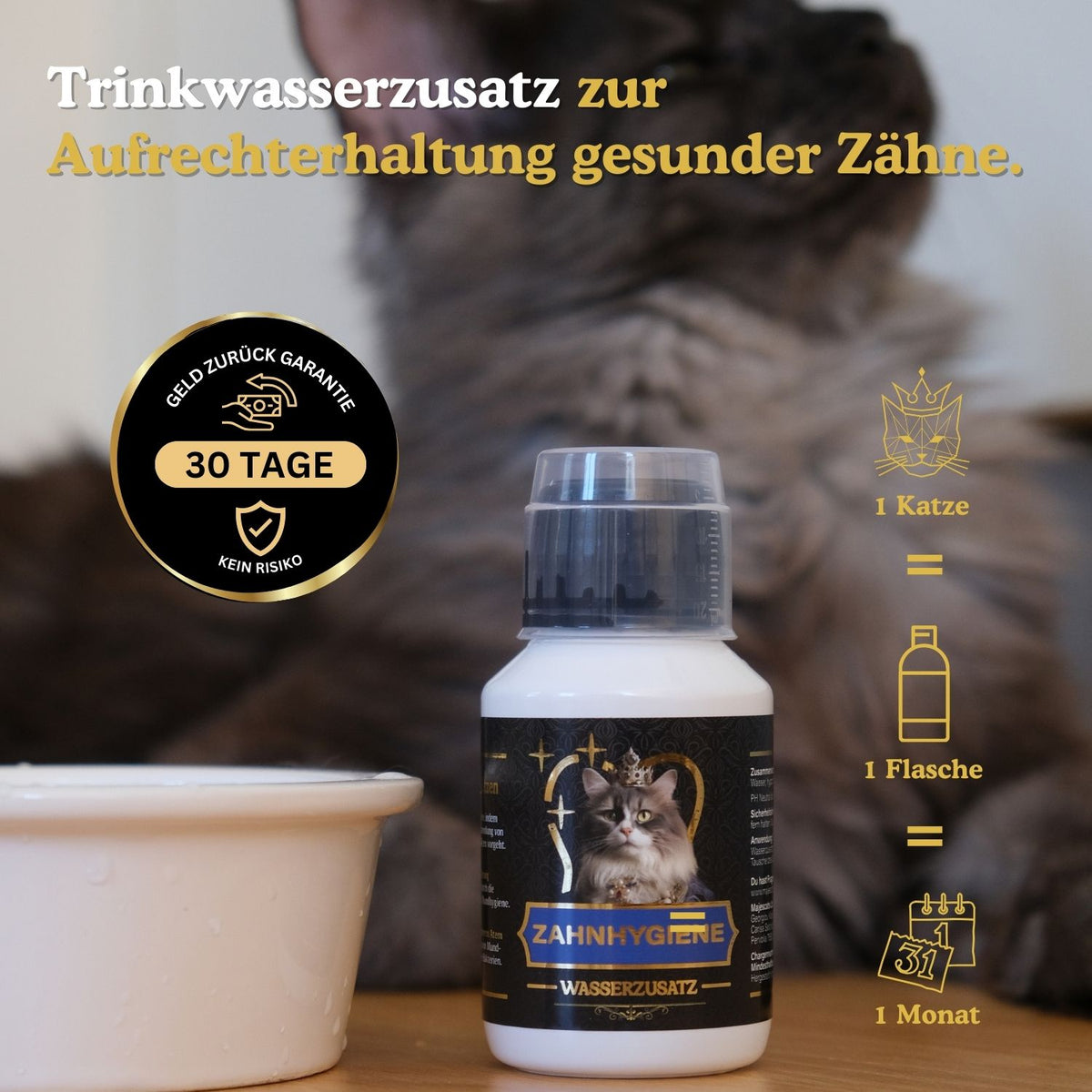 Trinkwasserzusatz für Katzen zur Aufrechterhaltung gesunder Zähne