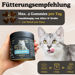 Maximal 4 Gelenk Gummies pro Tag füttern. Unabhängig von Alter und Größe. 