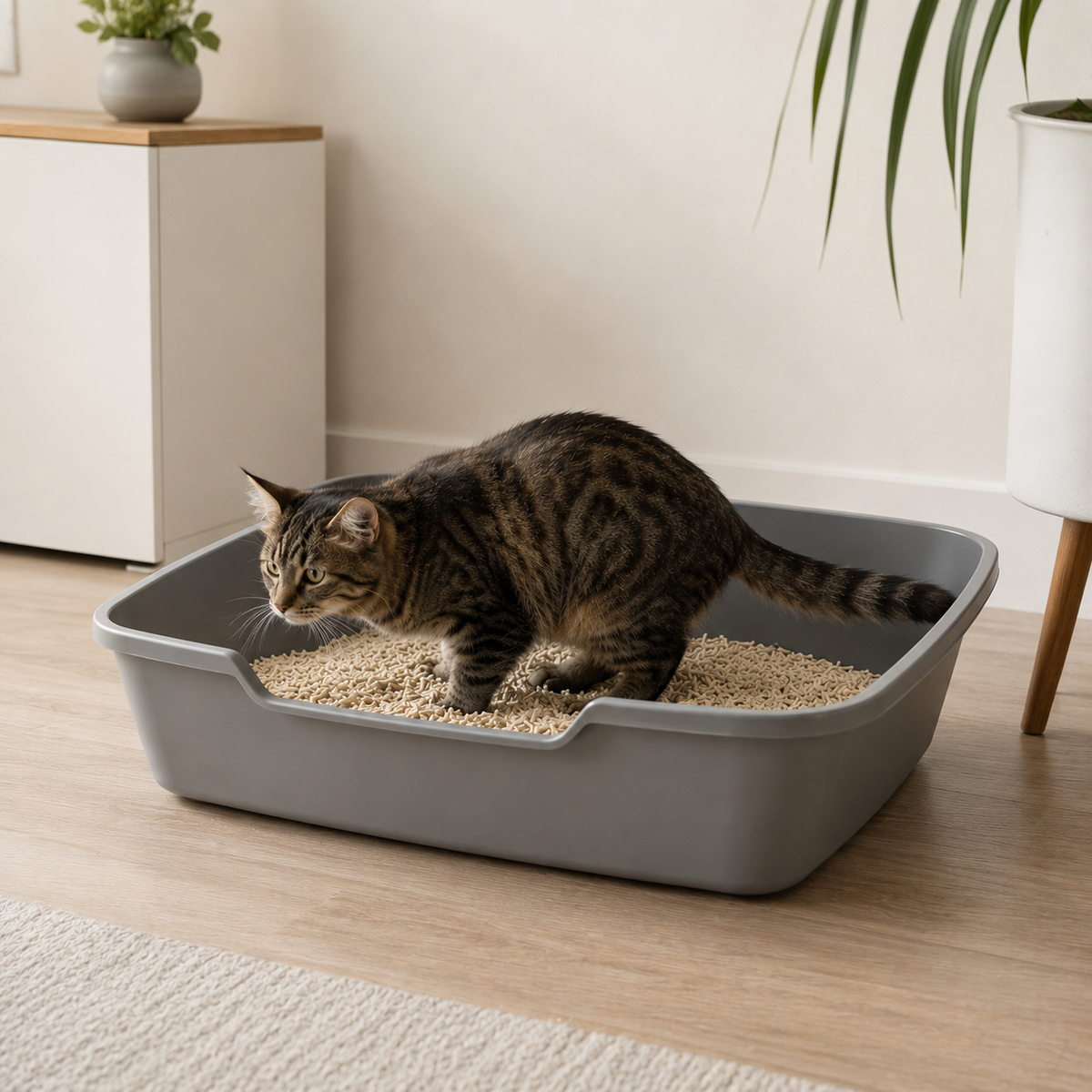 Katze im Katzenklo mit Majescats Erbsenfaser-Streu