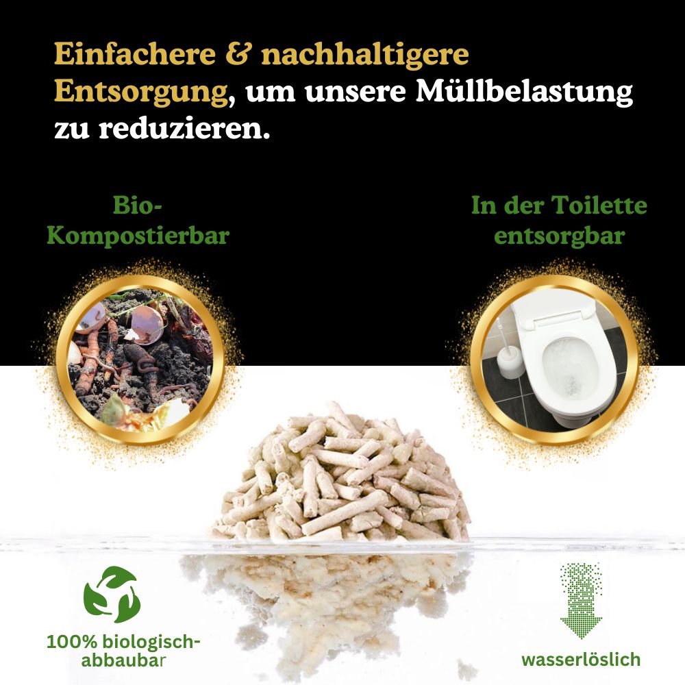 Biologisch abbaubar und in der Toilette entsorgbar
