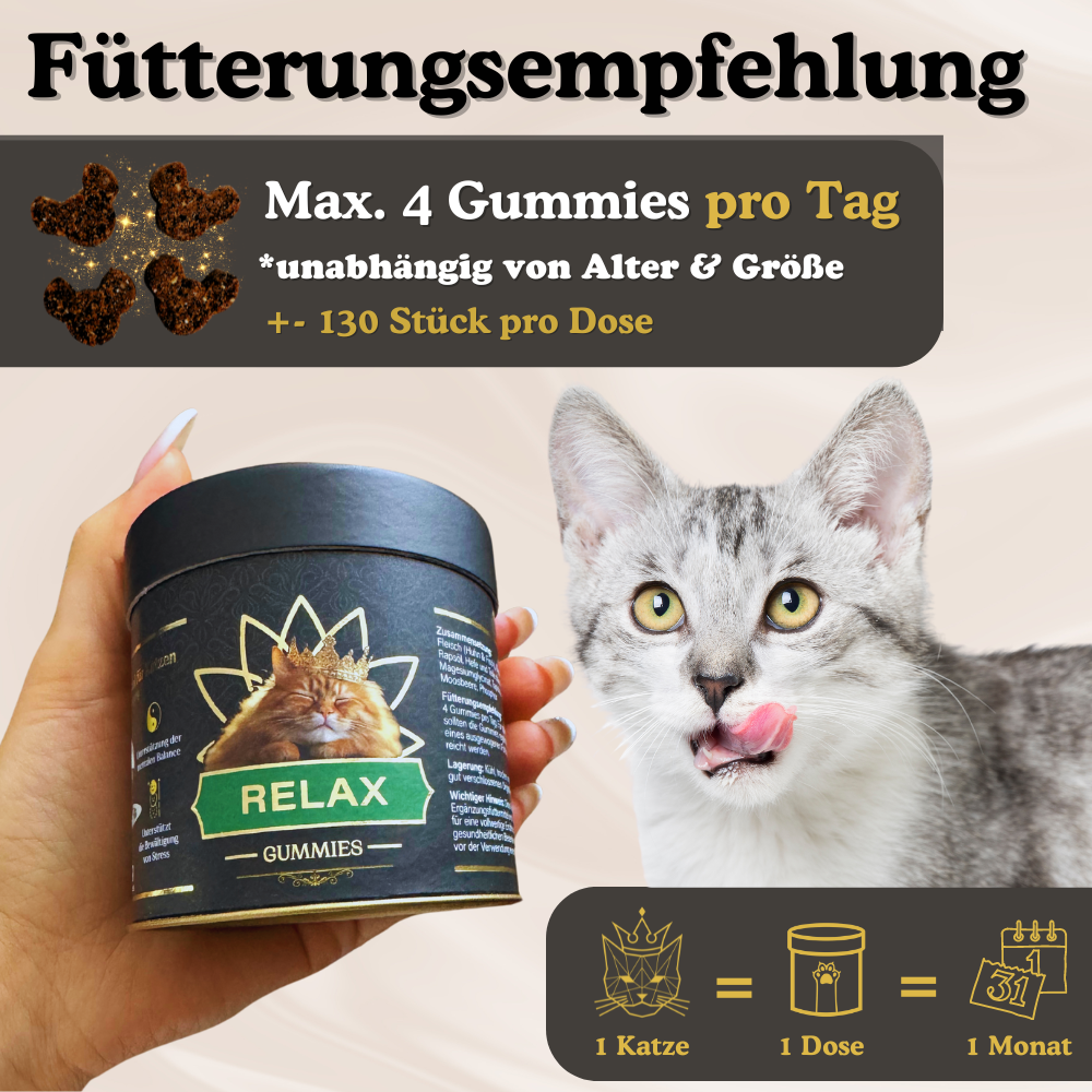 Füttere deine Katze maximal 4 Relaxe Gummies pro Tag, unabhängig von Alter und Größe. 
